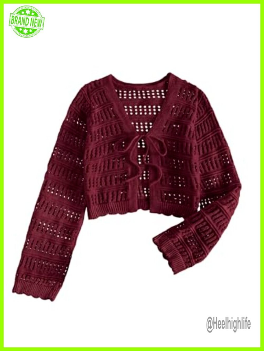 Tie Front Crochet Cropped Cardigan Sweater V Neck Knit Outerwear